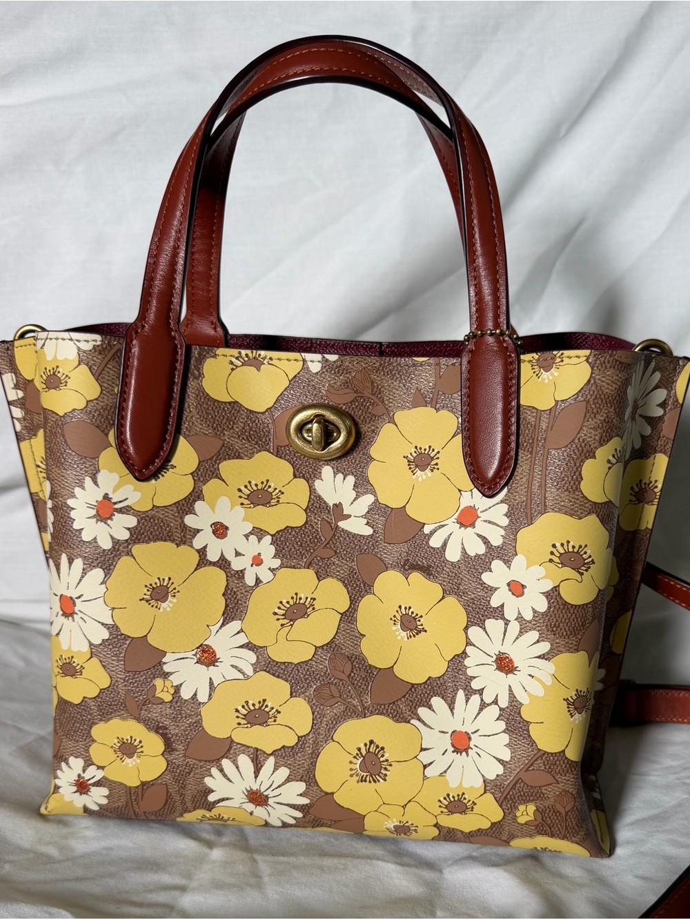 Coach Willow Tote 24 Canvas & Leather - Floral Print Tote Bag in Yellow & Brown